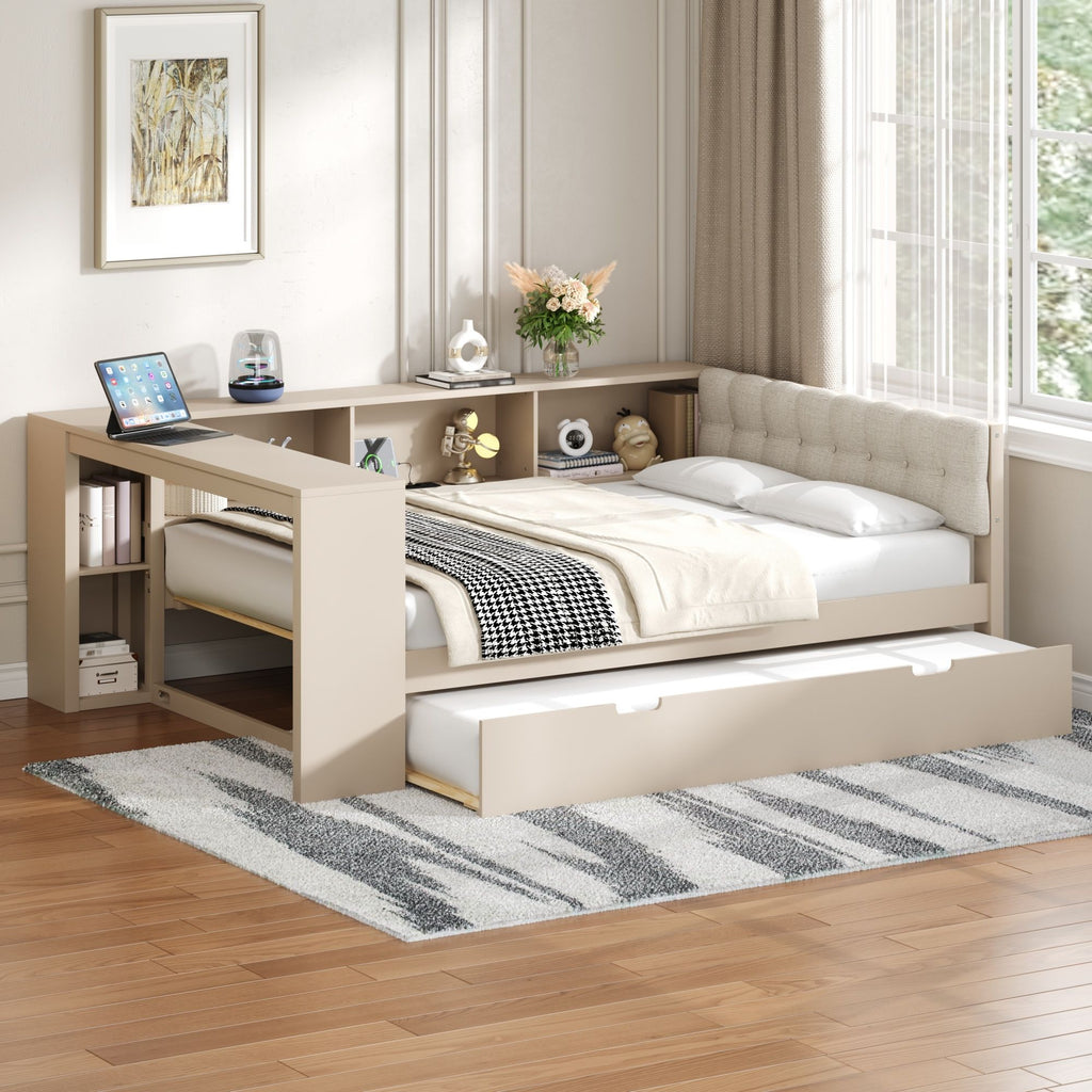 Upholstered Headboard Platform Bed with Storage Shelves, Trundle, and Charging Station