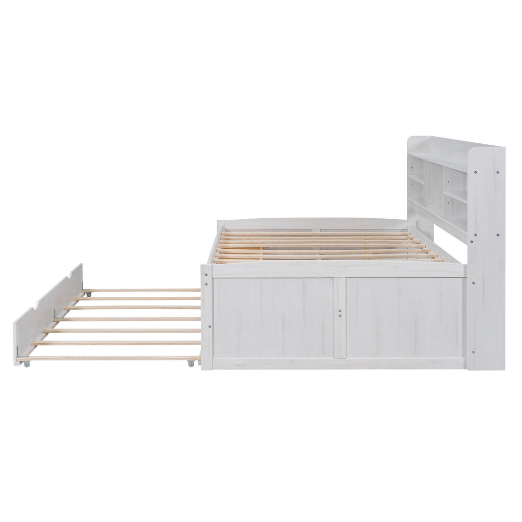 Captain Bed With Built In Bookshelves, 3 Storage Drawers, And Trundle