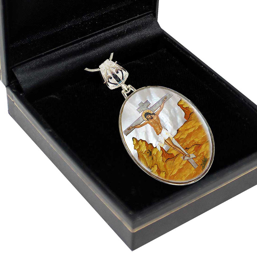 Crucifixion Silver Plated Mother of Pearl Jewelry Necklace - 43058