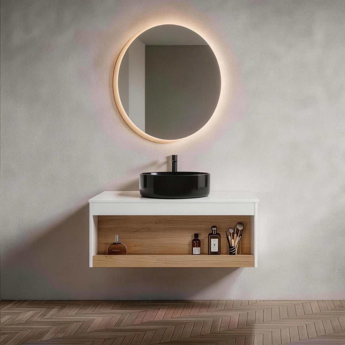 Floating Bathroom Vanity With Vessel Sink With Open Shelf Storage