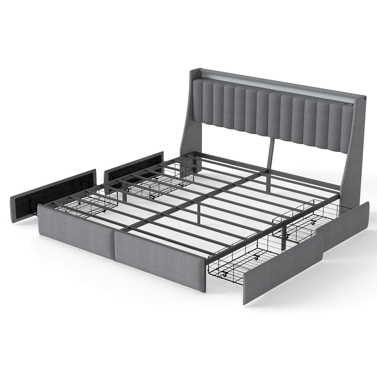 King Upholstered Bed Frame With 4 Storage Drawers, RGB LED Lights & USB / Type-C Charging Station