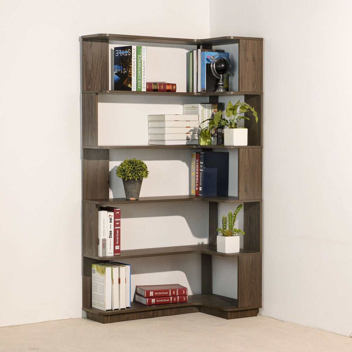 Freestanding Corner Bookshelf For Living Room - Dark Brown
