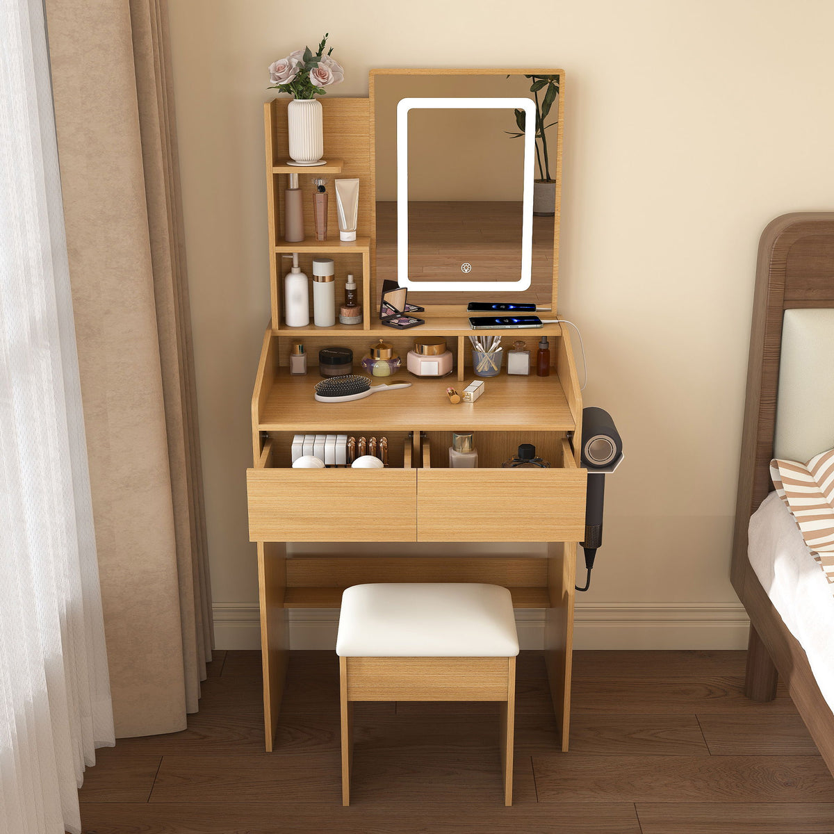 Vanity Table With LED Mirror, Power Outlet, Hairdryer Holder & Padded Stool