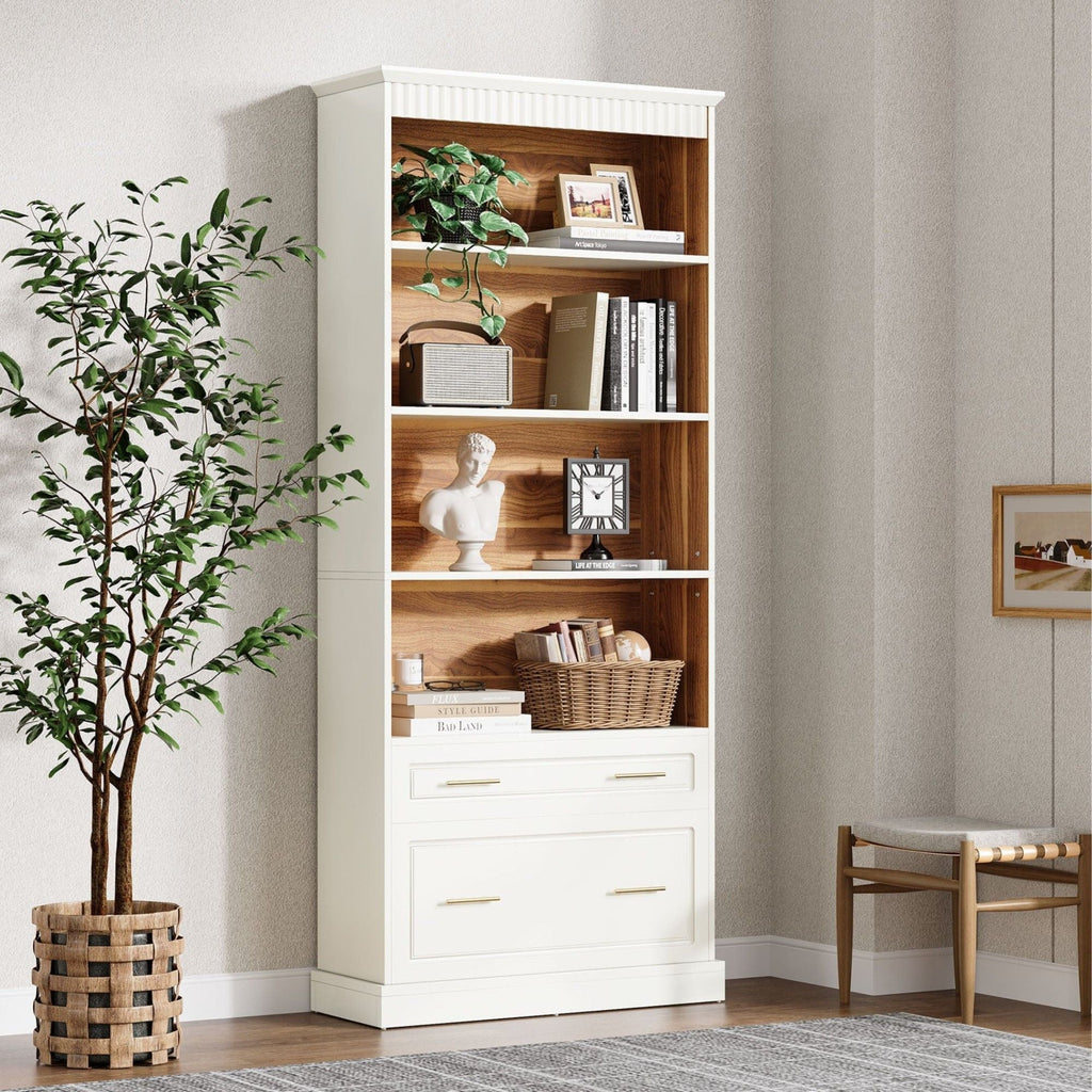 5 Tier White Bookcase With 2 Drawers Storage Organizer For Living Room - White