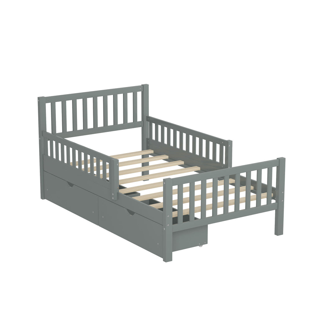 Platform Bed With Guardrails On Both Sides And 2 Storage Drawers