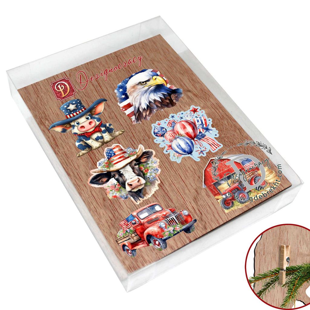 American flag Clip-On Eco Wood Decorative Ornaments Set of 6 by G. Debrekht - Patriotic Decor - 8090002C-S6
