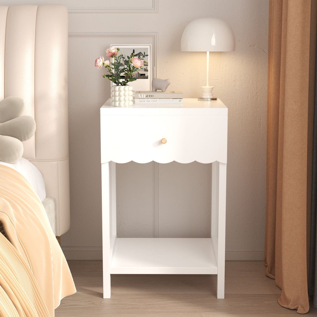 Nightstand With Drawer And Open Shelf, Scalloped Edge Bedside Table