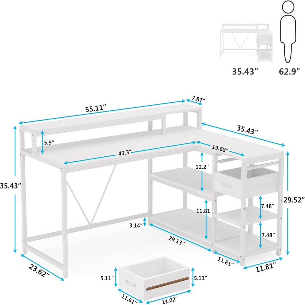 L-Shaped Home Office Desk With Monitor Riser, Drawers, And Storage Shelves