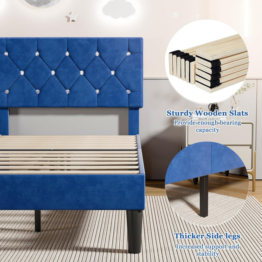 Twin Size Bed Frame, Upholstered Platform with Adjustable Diamond Tufted Headboard, Wood Slat Support, No Box Spring Needed, Navy Blue