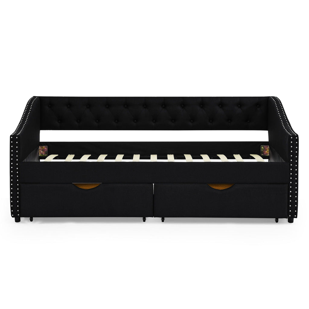 Upholstered Tufted Daybed With 2 Drawers, Waved Arms