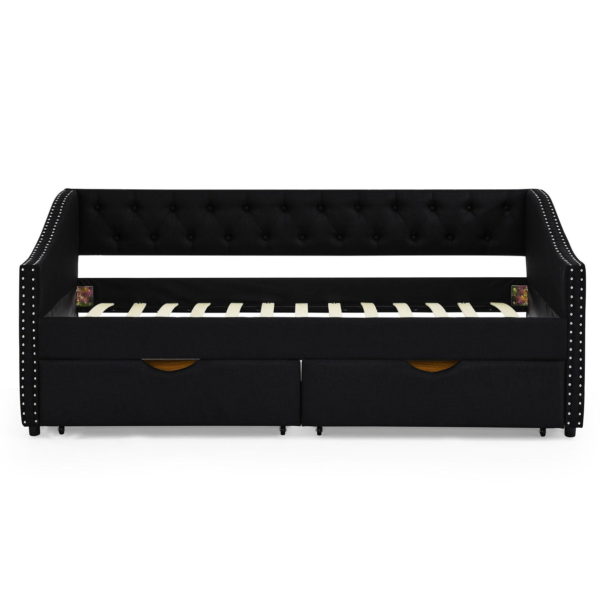 Upholstered Tufted Daybed With 2 Drawers, Waved Arms