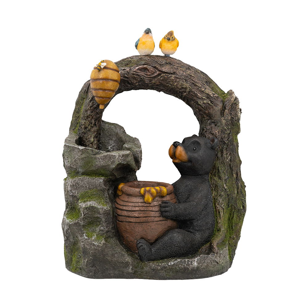 Decorative Two Tiered Water Fountain With Woodland Animal Design, Outdoor Fountain With Light And Pump - Dark Gray