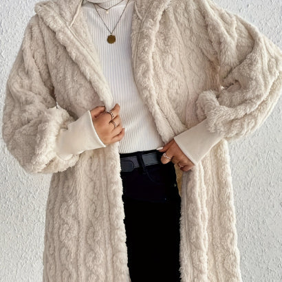 Women's Hooded Plush Long Coat – Double-Sided Fleece Cardigan with Thread Cuffs