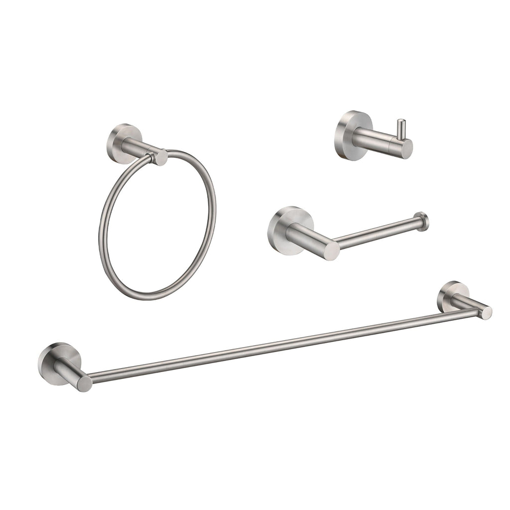 Bathroom Set 4 Pack With Towel Bar Racks, Toilet Paper Holder, Ring, Hook, Stainless Steel - Brushed Nickel