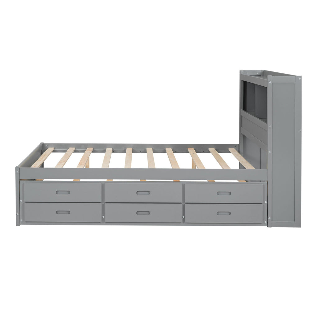 Full Size Platform Bed With Trundle, Drawers, USB Ports And Built In Shelves - Gray