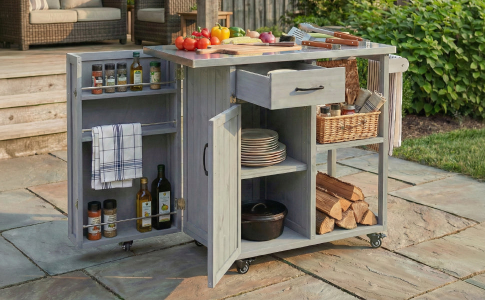 Outdoor Kitchen Island Fir Wood Prep Station with Stainless Steel Top