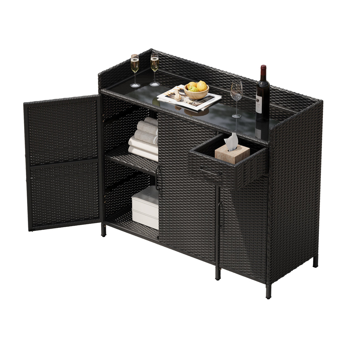 K&K 47.5"W Wicker Outdoor Storage Cabinet with Tempered Glass Top
