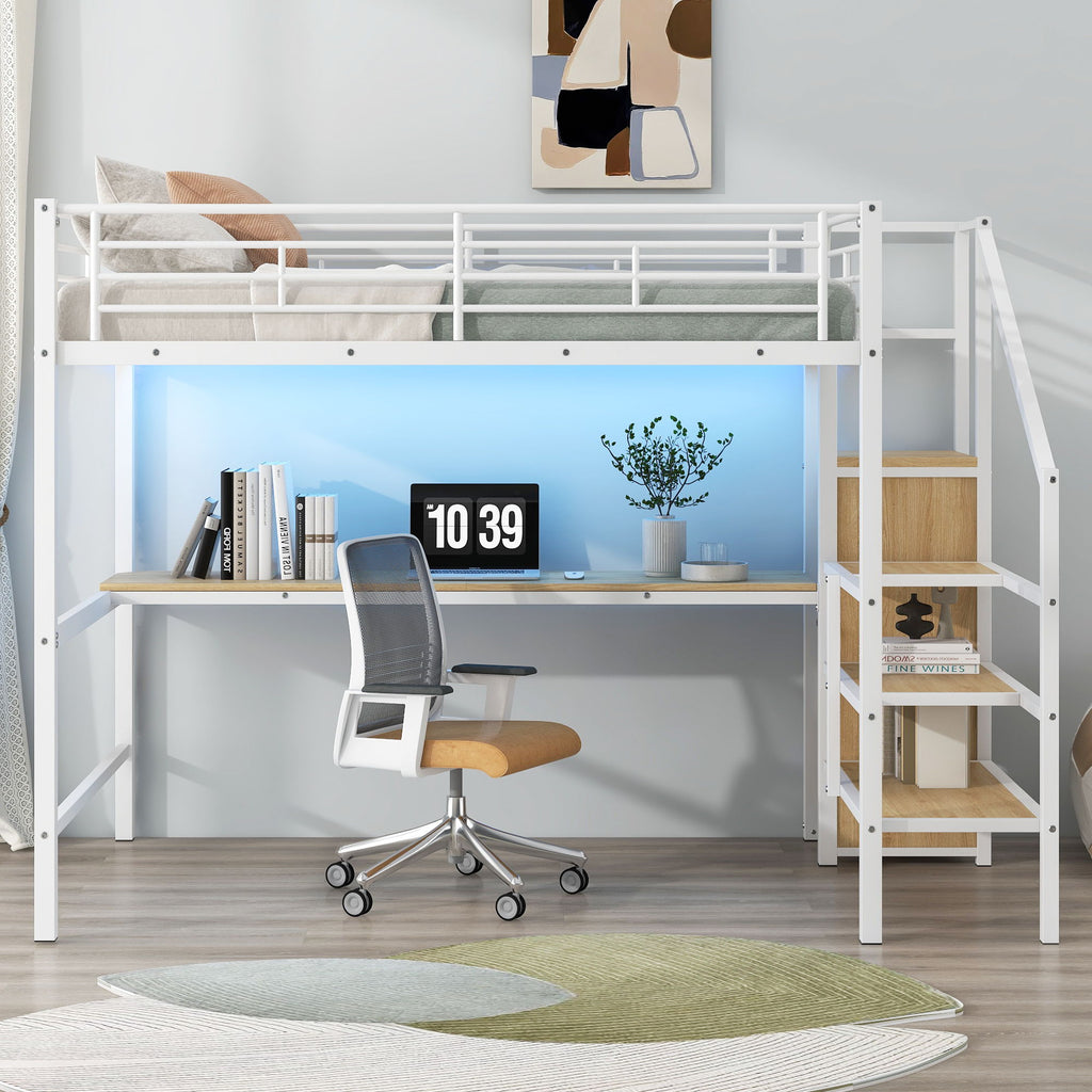 Loft Bed With Desk, Storage Staircase, Small Wardrobe And LED Light