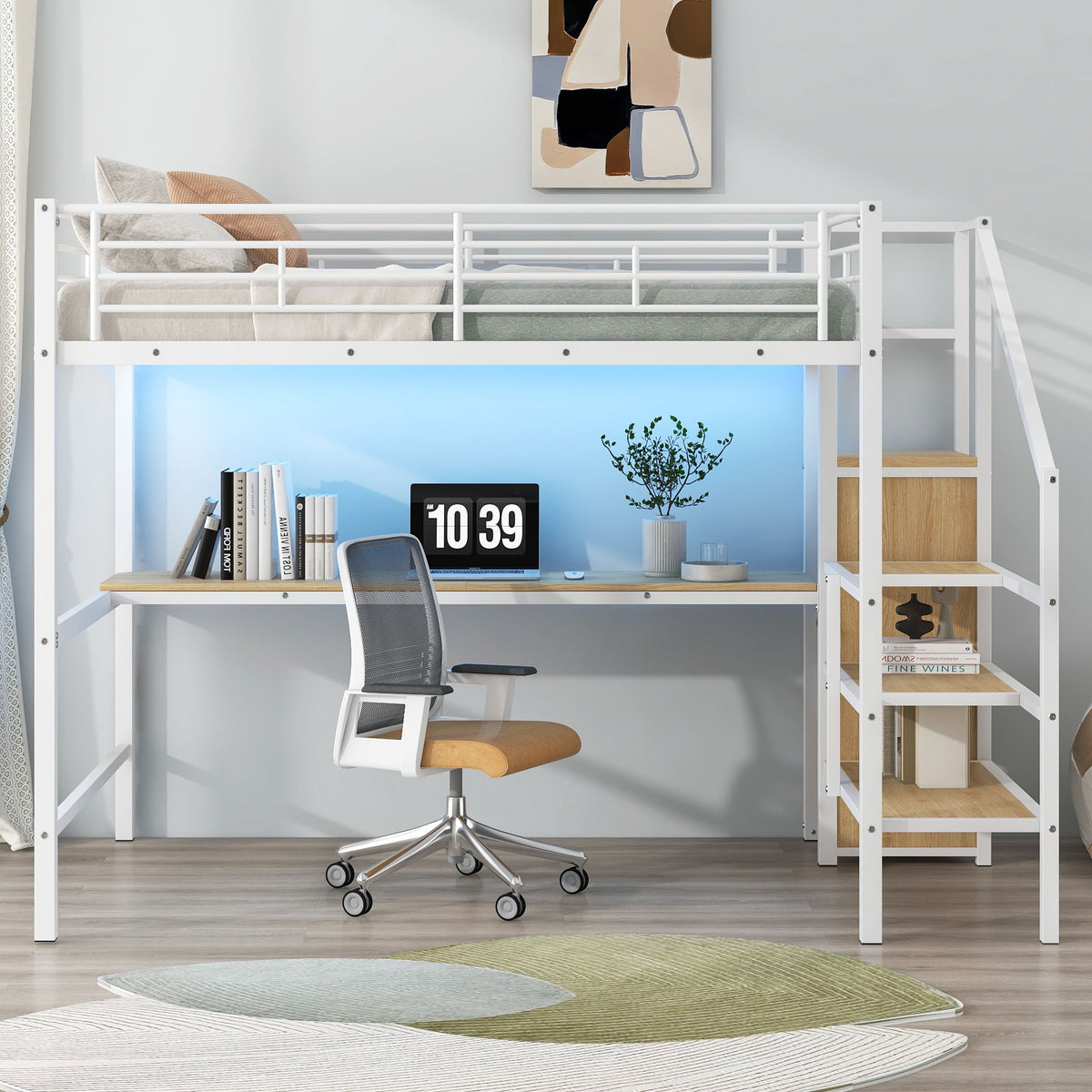 Loft Bed With Desk, Storage Staircase, Small Wardrobe And LED Light
