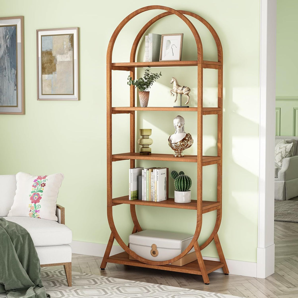 Arched 5 Tier Open Bookshelf For Office - Brown