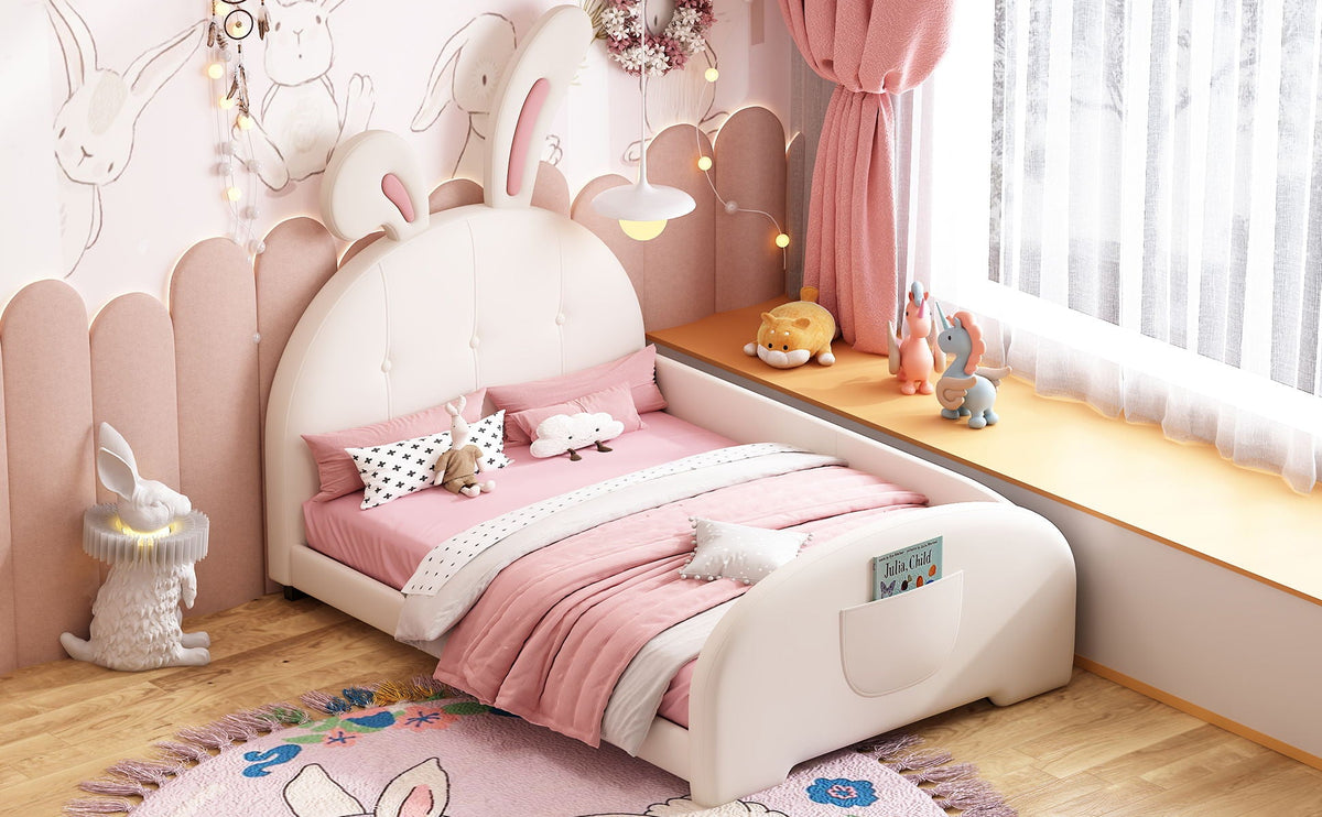 Upholstered Rabbit-Shape Princess Bed With Headboard And Footboard