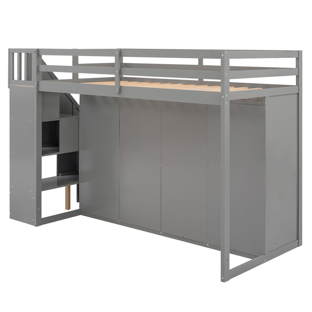 Loft Bed With 3 Shelves, 2 Wardrobes, 2 Drawers, Ladder Storage