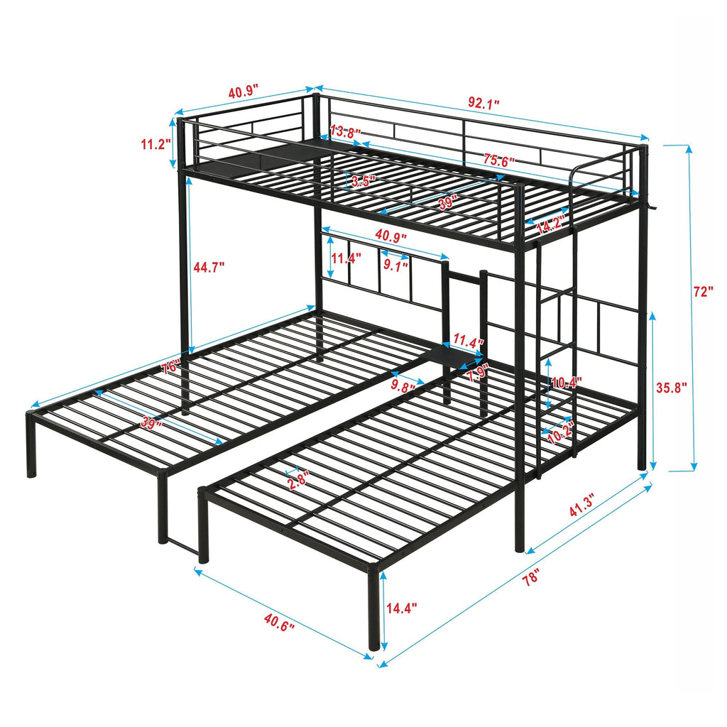 Twin Over Twin Over Twin Triple Bunk Bed With Safety Rails And Storage Shelf - Black