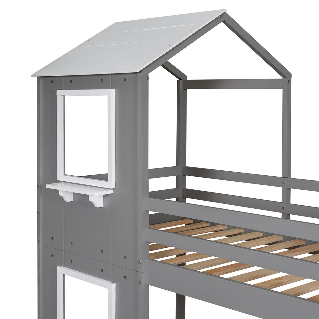 Bunk Bed Wood Bed & Roof, Window, Guardrail, Ladder