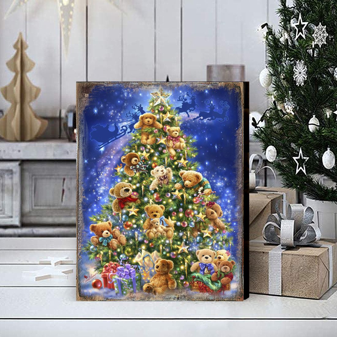 Teddy Bear Tree Wooden Wall Art by D. Gelsinger - Christmas Santa Snowman Decor - 95605B-1101