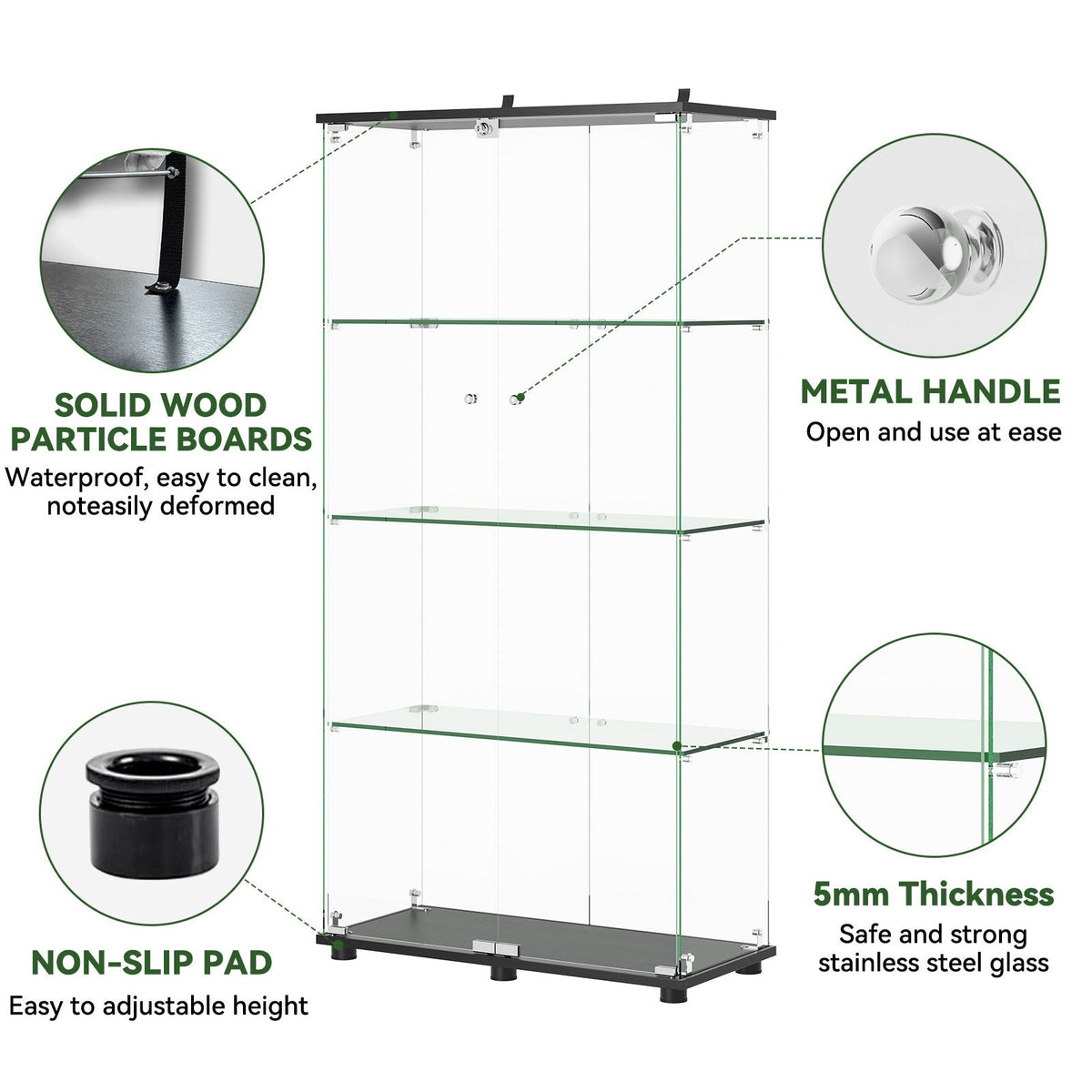 Modern Glass Display Cabinet With 4 Shelf Double Doors And Lock, Tempered Glass Bookshelf For Living Room - Black