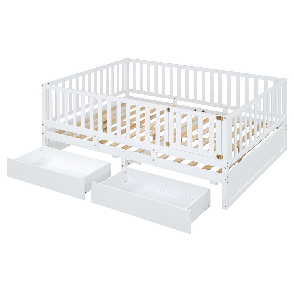 Daybed With Fence Guardrails And 2 Drawers, Split Into Independent Floor Bed & Daybed