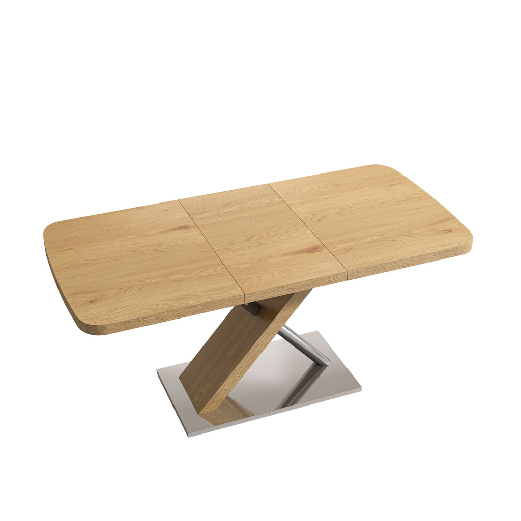 Retractable Square Dining Table, Seating 4 - 6 People, Cross Base With Stainless Steel Tubing, Expandable - Natural