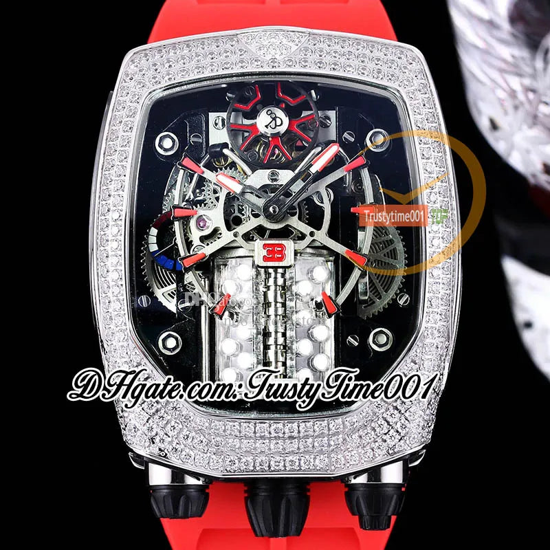 Bugatti Chiron Tourbillon Autoamtic Mens Watch 16 Cylinder Engine Skeleton Dial Iced Out Diamonds Inlay Case Blue Rubber Strap Trustytime001Watches BU200.30