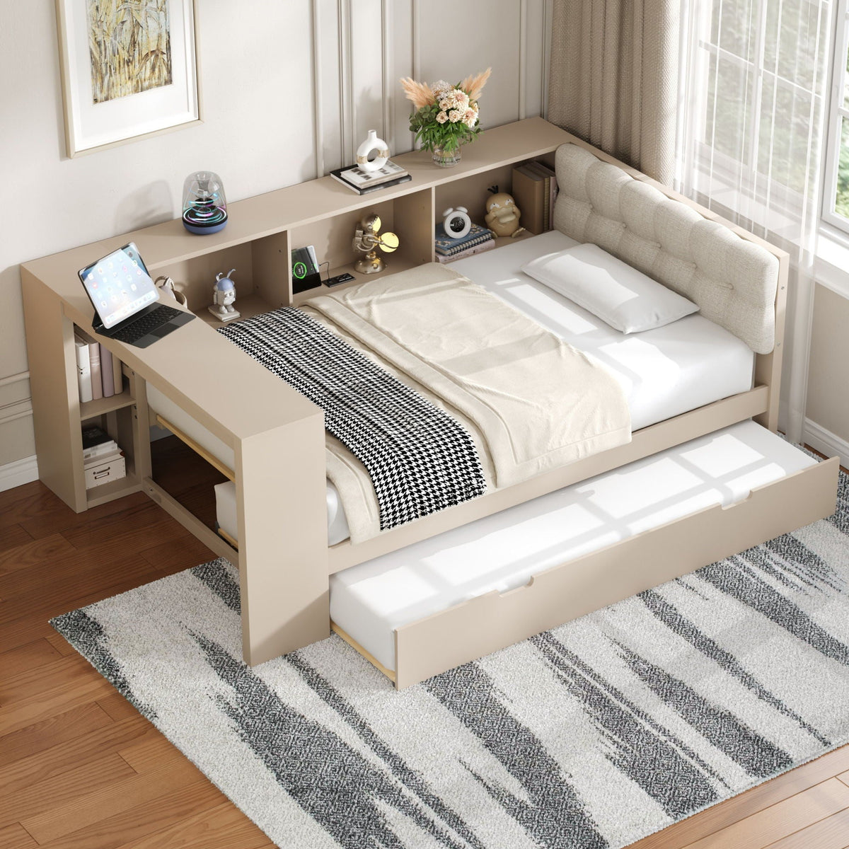 Upholstered Headboard Platform Bed with Storage Shelves, Trundle, and Charging Station