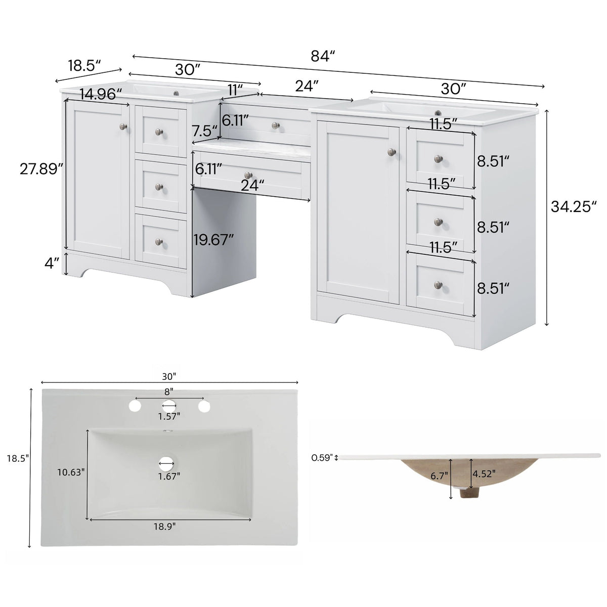 Double Sink Bathroom Vanity With Countertop, 2 Ceramic Sinks, 6 Drawers