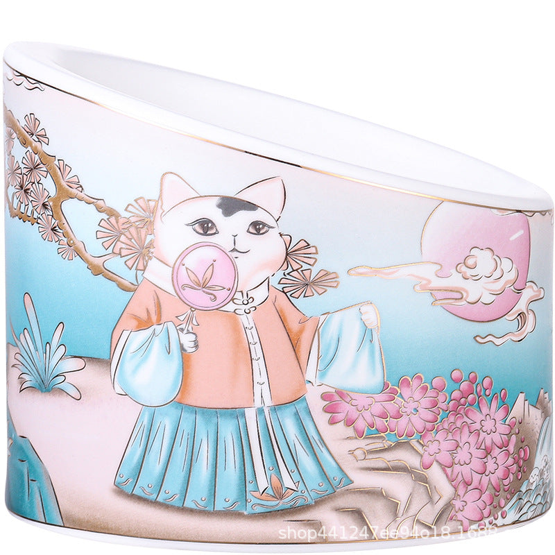 Chinese Style Ceramic Cat Bowl High Leg Double Bowl Oblique Mouth
