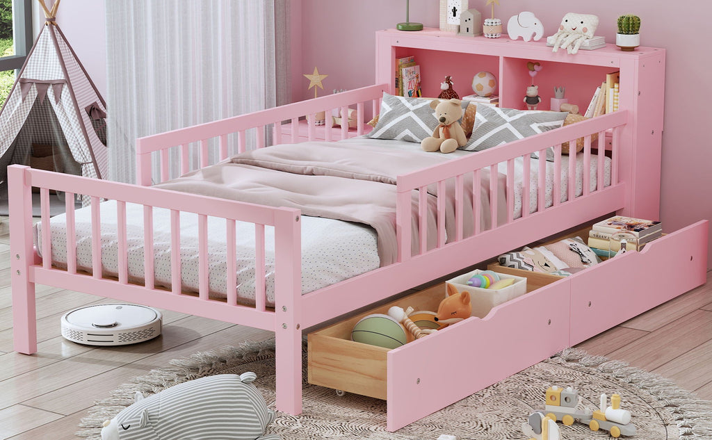 Bed With Headboard Storage Rack, 2 Under Bed Drawers, 3 Side Guardrails For Safety