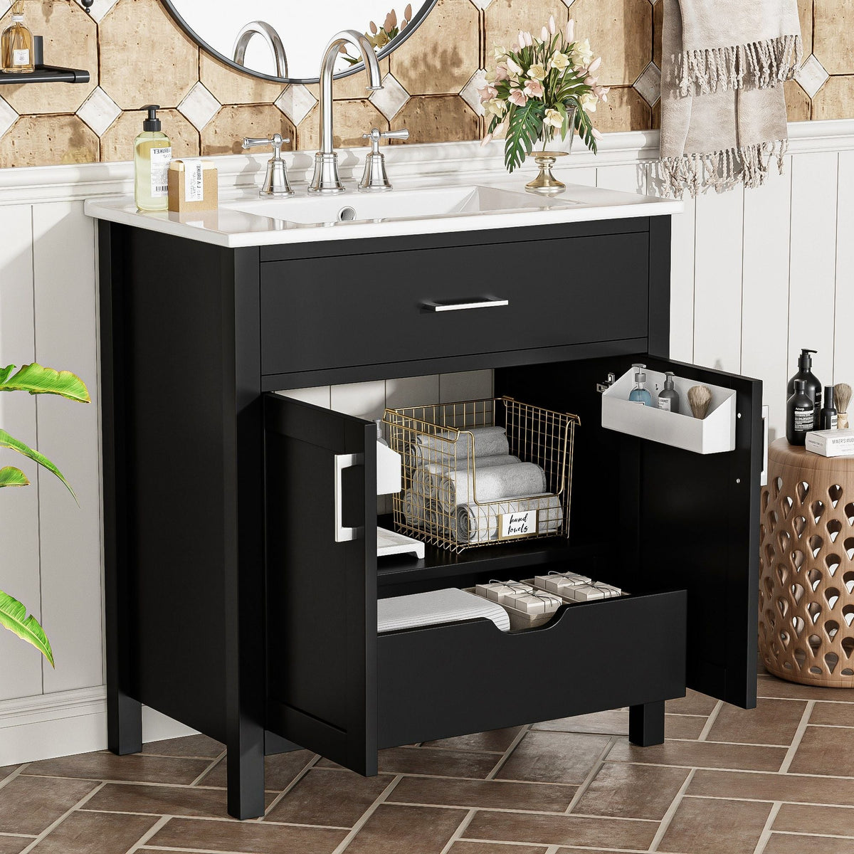 Bathroom Vanity With Sink And Ample Storage, Rectangular Undermount Sink - Black