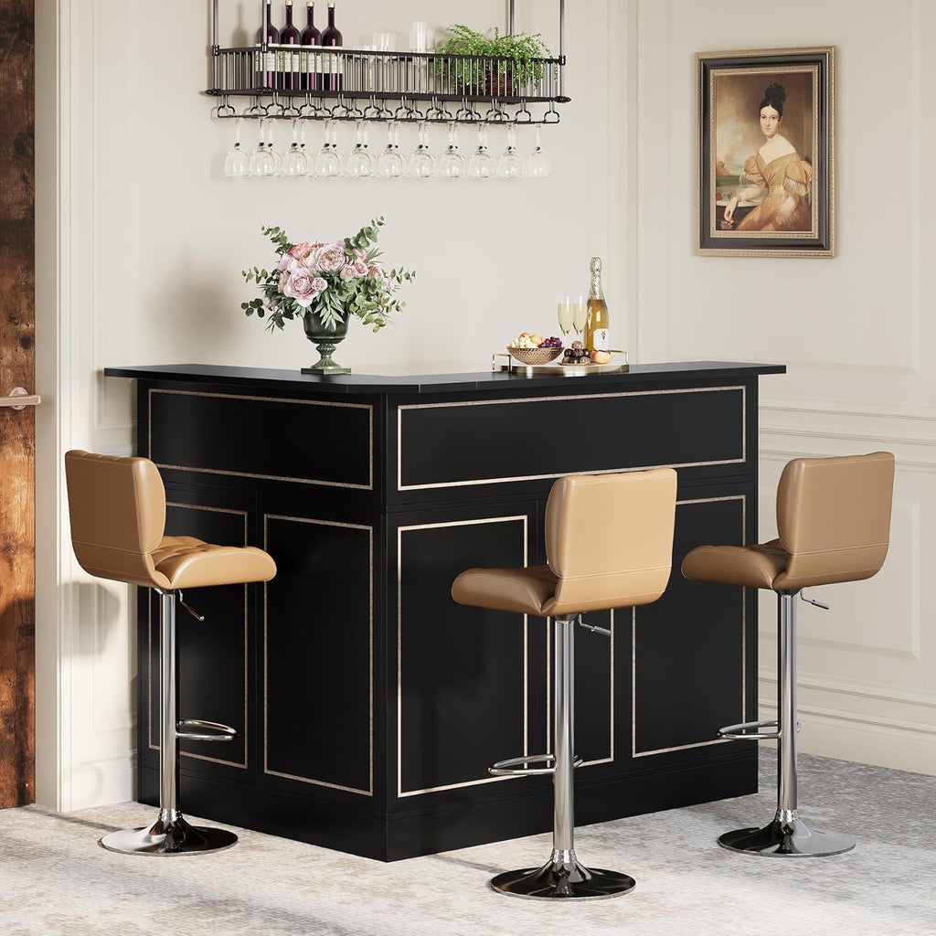 L-Shaped Home Bar Cabinet With Stemware Racks, 4 Tier Corner Unit, Liquor Wine Bar Table & Reception Desk For Home Pub - Black
