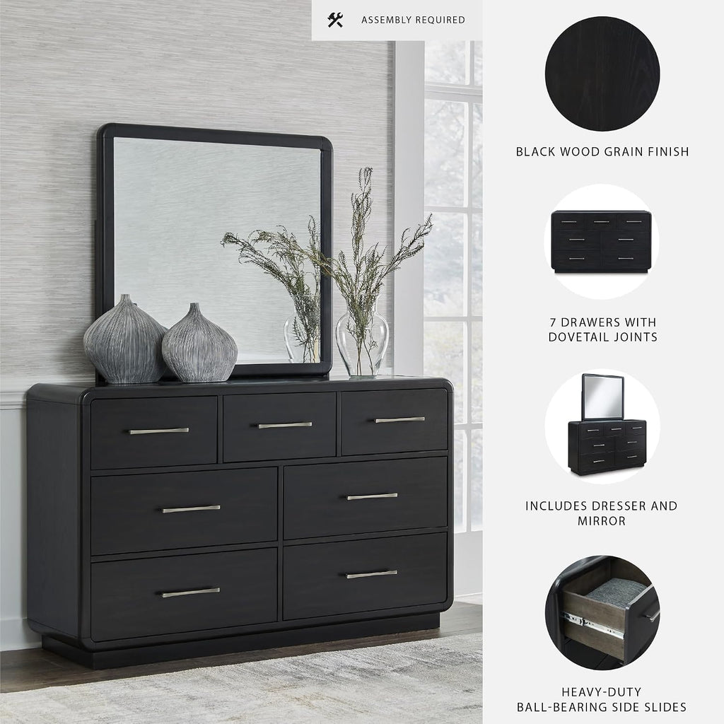 Signature Design by Ashley Rowanbeck Contemporary 7-Drawer Dresser and Mirror with Felt Lined Top, Black