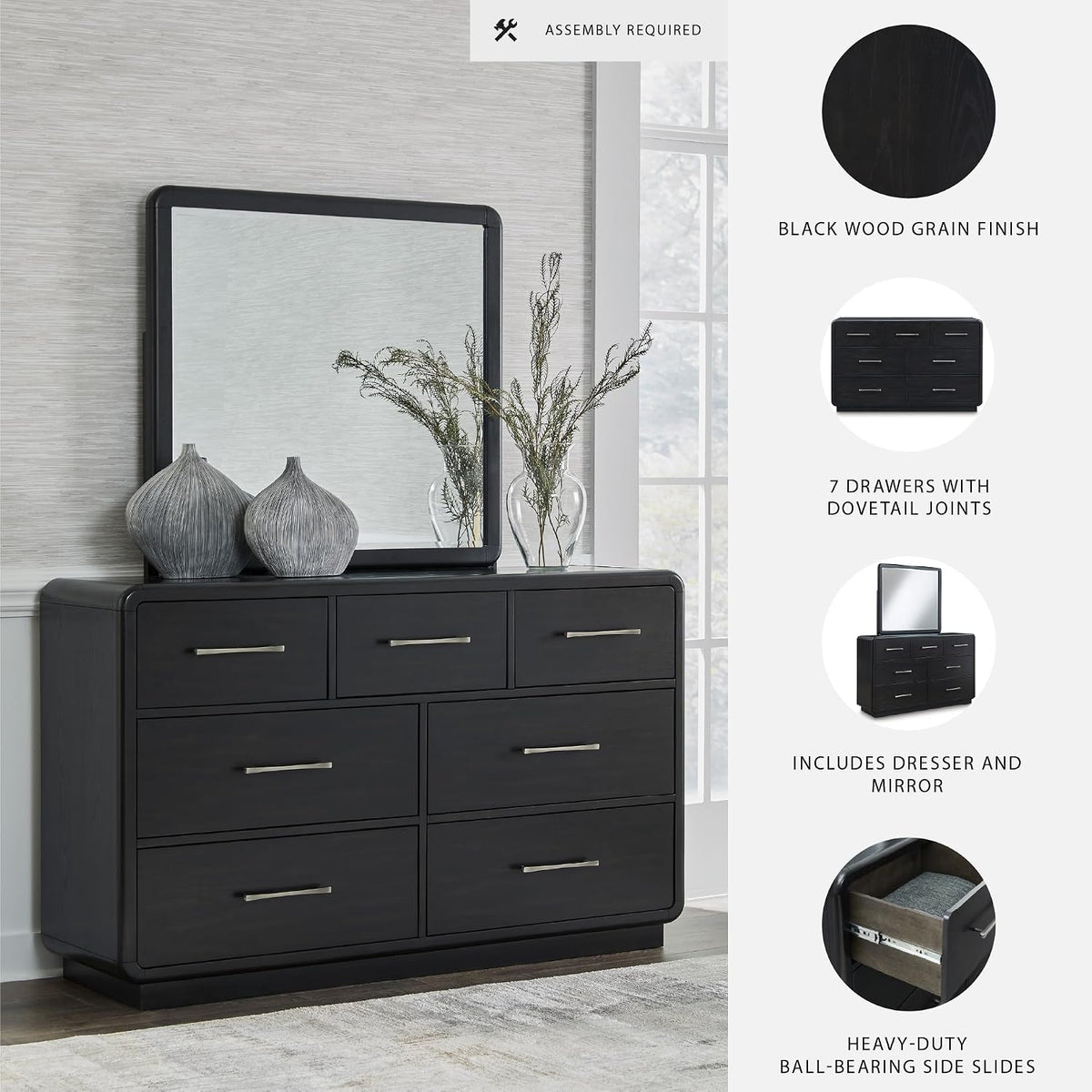 Signature Design by Ashley Rowanbeck Contemporary 7-Drawer Dresser and Mirror with Felt Lined Top, Black