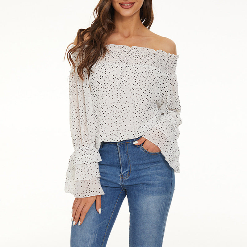 Off-shoulder Casual Long-sleeve Chiffon Top With Polka Dots