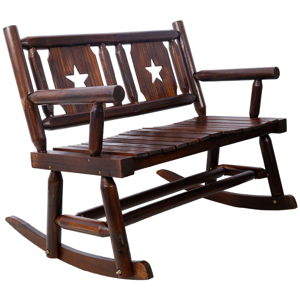 Rustic Outdoor Wood Rocking Bench Double Rocking Chair For 2 Persons With Curved Seat, Porch Rocker - Brown