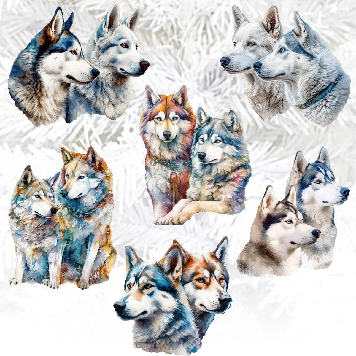 The Graceful Huskies Clip-On Eco Wood Decorative Ornaments Set of 6 by G. Debrekht - Wildlife Décor - 8090115C-S6