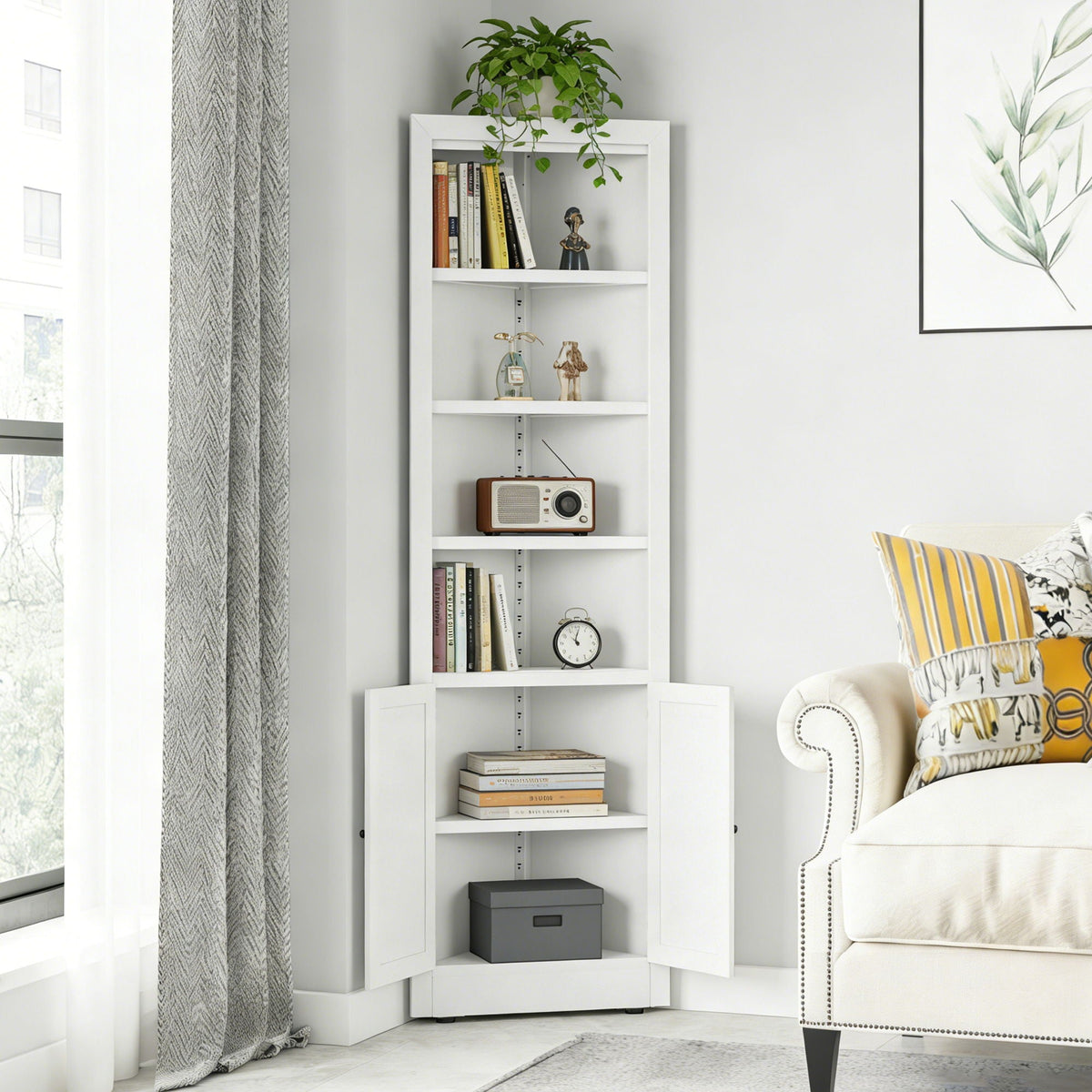 Tall Corner Storage Cabinet With 2 Doors, 5-Tier With Adjustable Shelves, Freestanding - White
