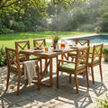 7 Pieces Acacia Wood Outdoor Dining Set with Green Cushions