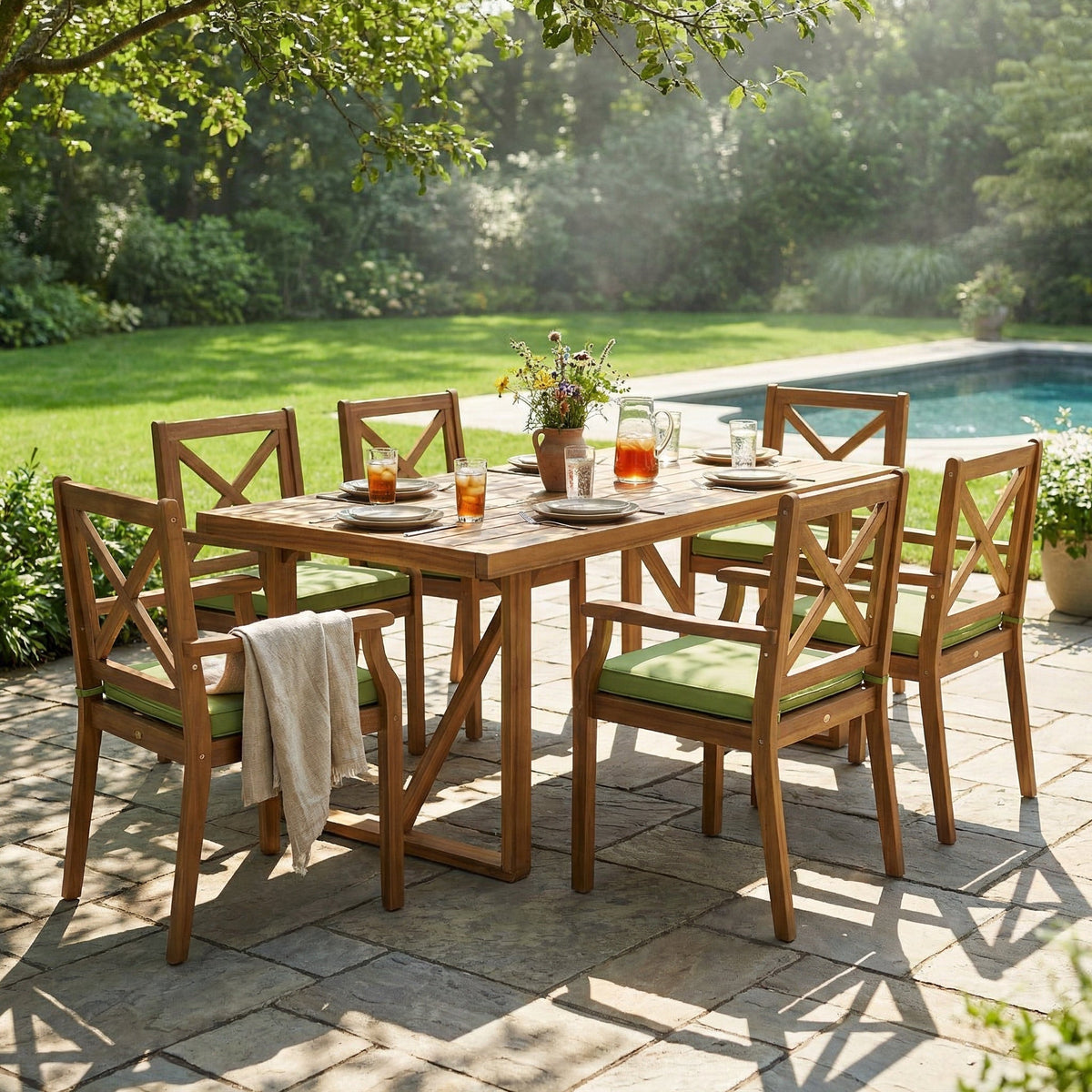 7 Pieces Acacia Wood Outdoor Dining Set with Green Cushions