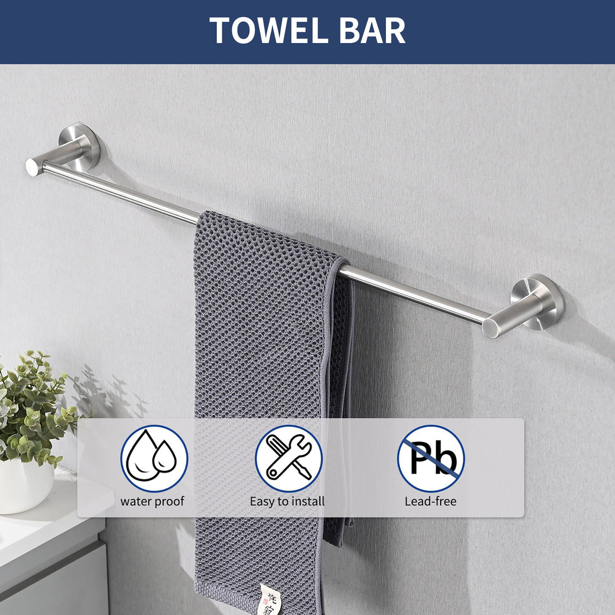 Bathroom Set 4 Pack With Towel Bar Racks, Toilet Paper Holder, Ring, Hook, Stainless Steel - Brushed Nickel