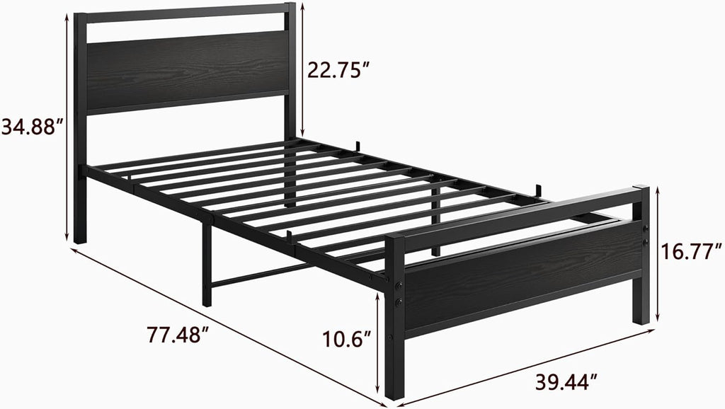 Black Twin Bed Frame with Wood Headboard,Metal Single Platform Bed Frame Twin Size No Box Spring Needed,Heavy Duty Metal Slats Support,Mattress Base,Noise Free,Easy Assembly,Black