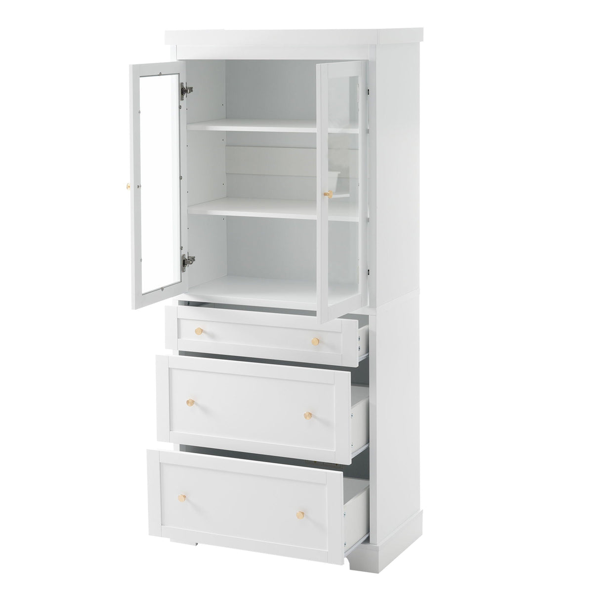 Freestanding Tall Bathroom Cabinet With Adjustable Shelves, Drawers, Soft Close Glass Doors